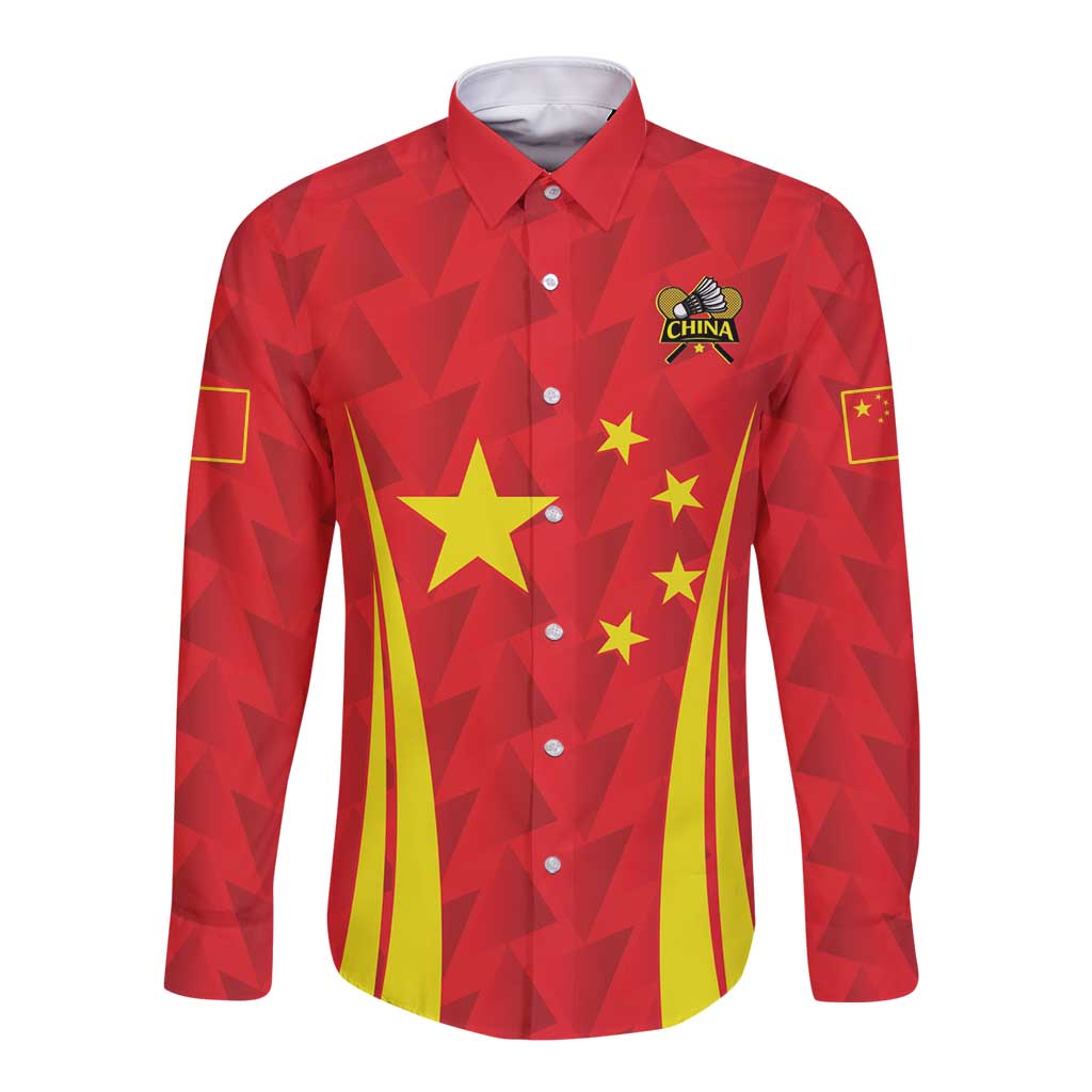 Red long-sleeve button sports shirt with front China badge and gold star graphic