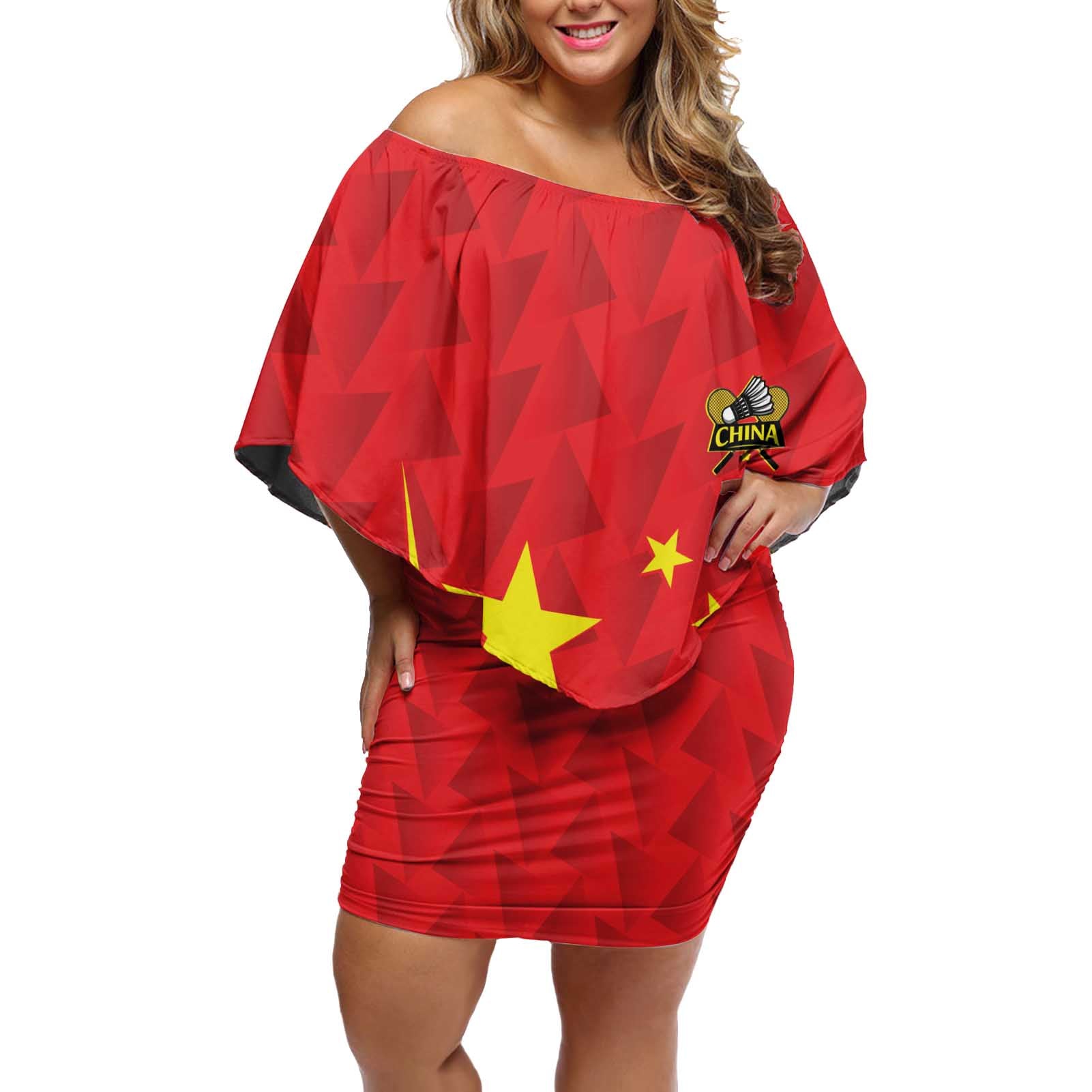 Personalised China Badminton Off Shoulder Short Dress 2024 Sporty Red Version - Wonder Print Shop