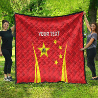 Red personalized quilt with 'YOUR TEXT' and China flag badminton graphic, spread view
