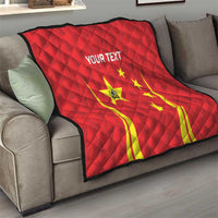 Red quilt with quilted pattern, 'YOUR TEXT' and China flag badminton graphic on sofa