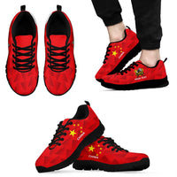 Red China badminton sneakers with black soles; pair and side views