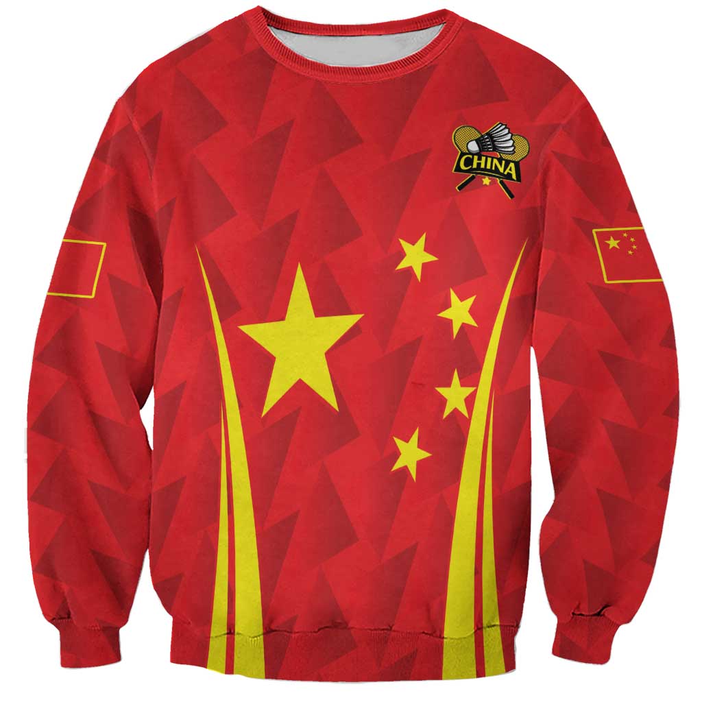 Red badminton sweatshirt with China crest, stars, and yellow side stripe graphic
