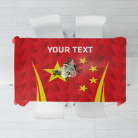Red badminton tablecloth with yellow stripe and China-themed graphic, 'YOUR TEXT' panel
