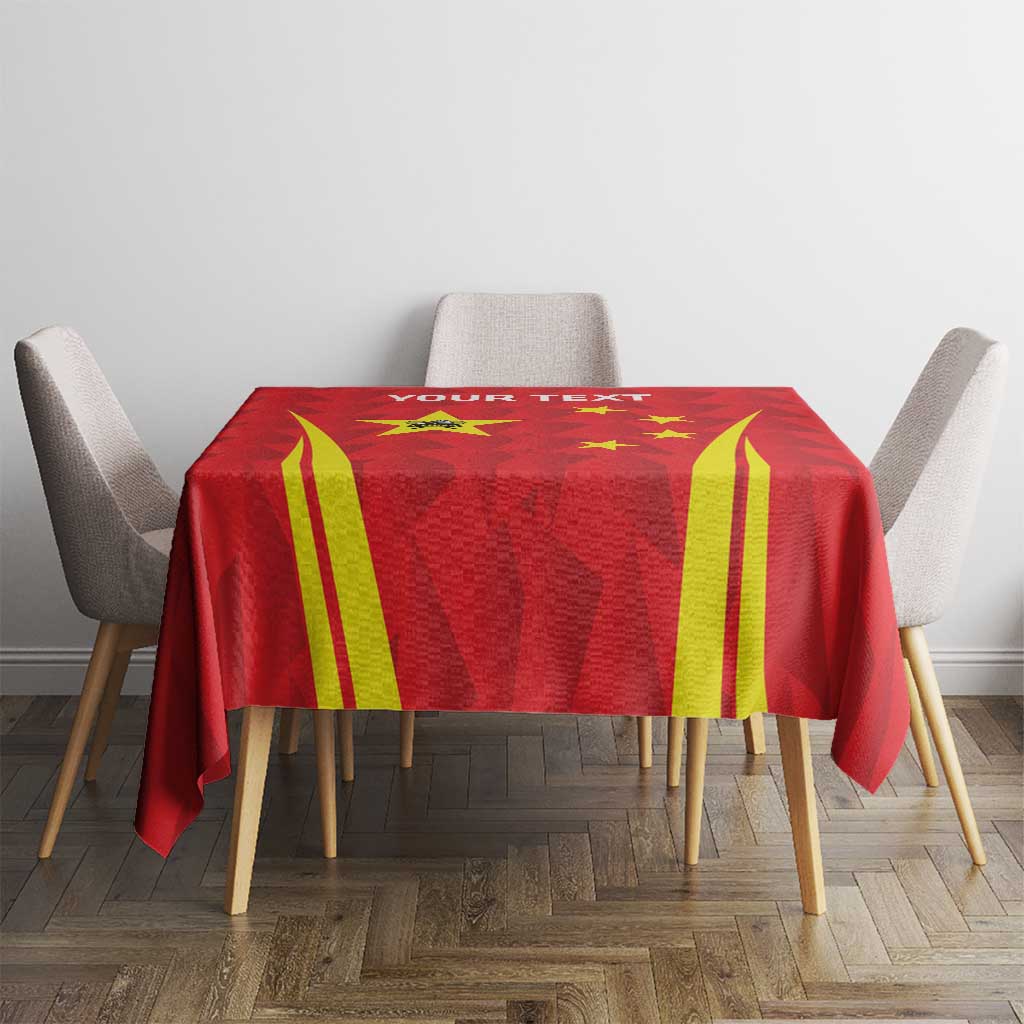 Red tablecloth with yellow vertical stripe accents and 'YOUR TEXT' center panel