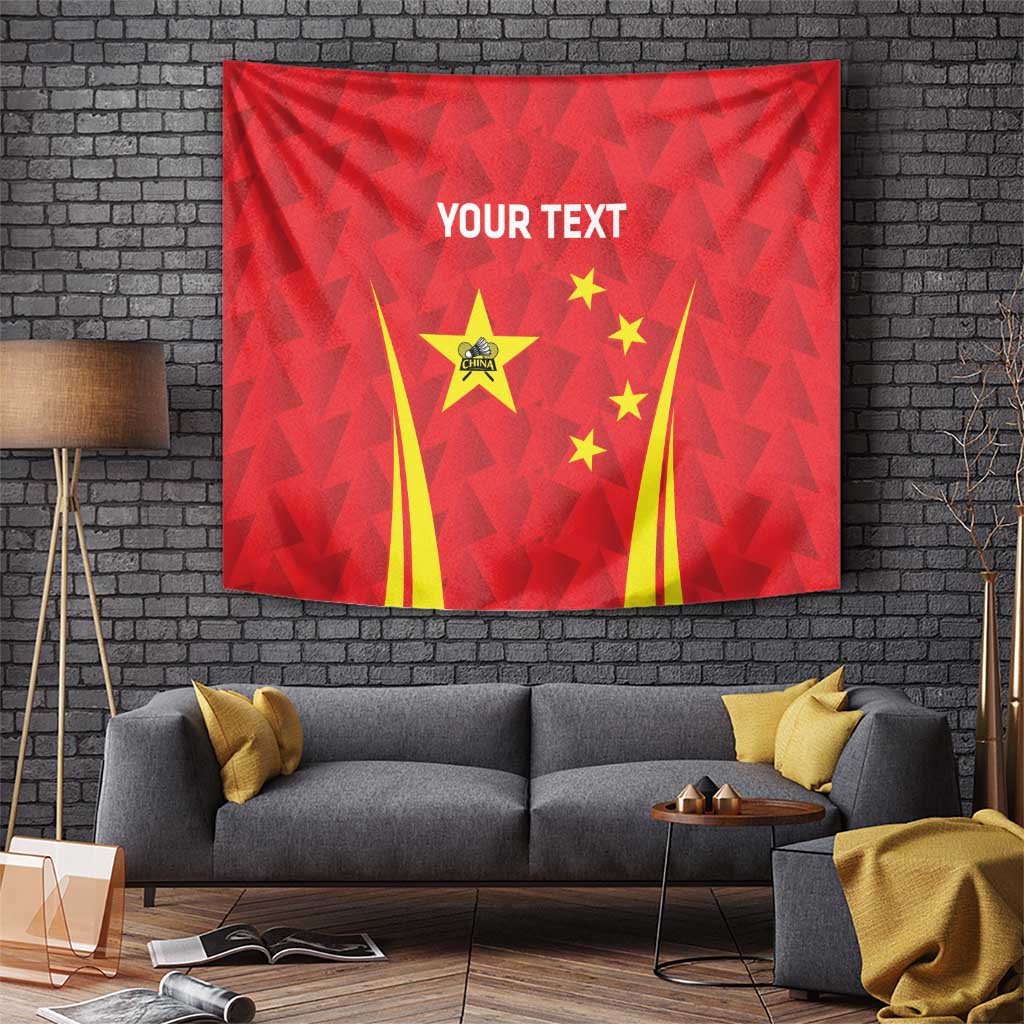 Red wall-hanging badminton tapestry with 'YOUR TEXT' and China flag star graphic