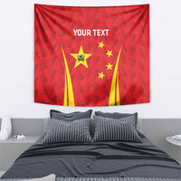 Red personalized badminton tapestry featuring 'YOUR TEXT' and yellow China star symbols