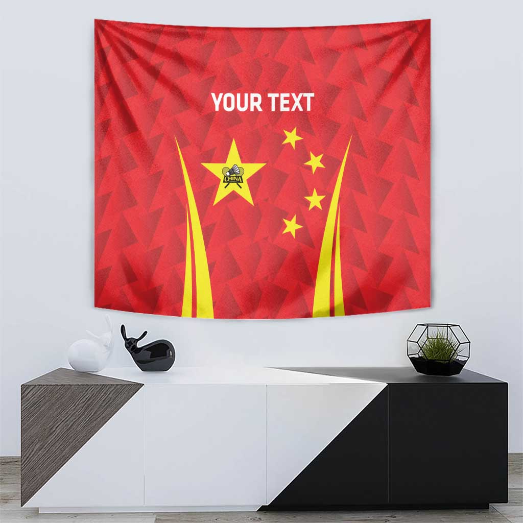 Red badminton tapestry with 'YOUR TEXT' over a China flag-style star and streak pattern