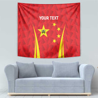 Red personalized badminton tapestry showing 'YOUR TEXT' and China emblem with yellow stars