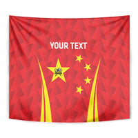 Red badminton tapestry close-up with 'YOUR TEXT' and China star emblem with yellow flags