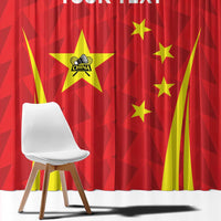 Red close-up window curtain fabric with star emblem, yellow rays, and 'YOUR TEXT'