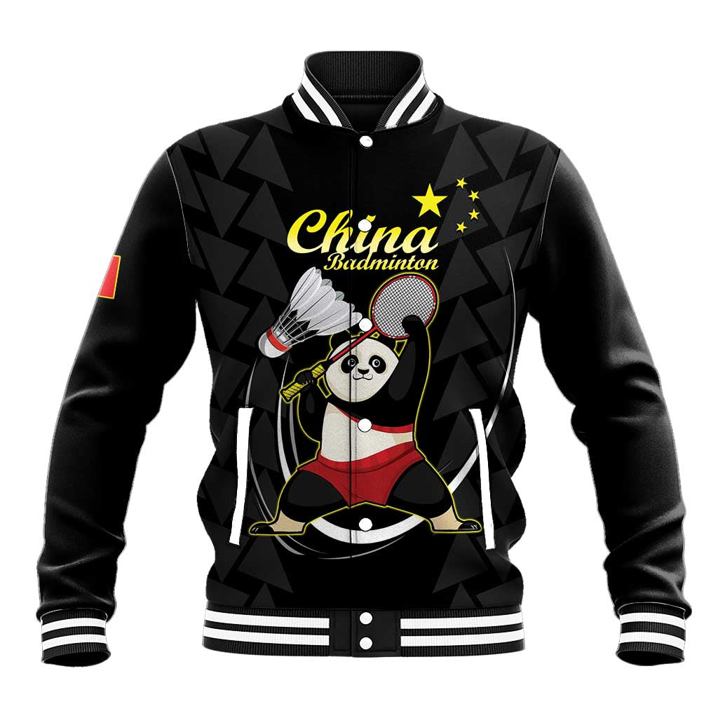 Black varsity bomber jacket with panda badminton graphic and China logo on front