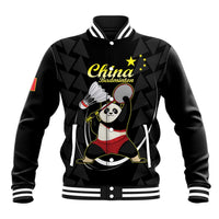 Black varsity bomber jacket with panda badminton graphic and China logo on front