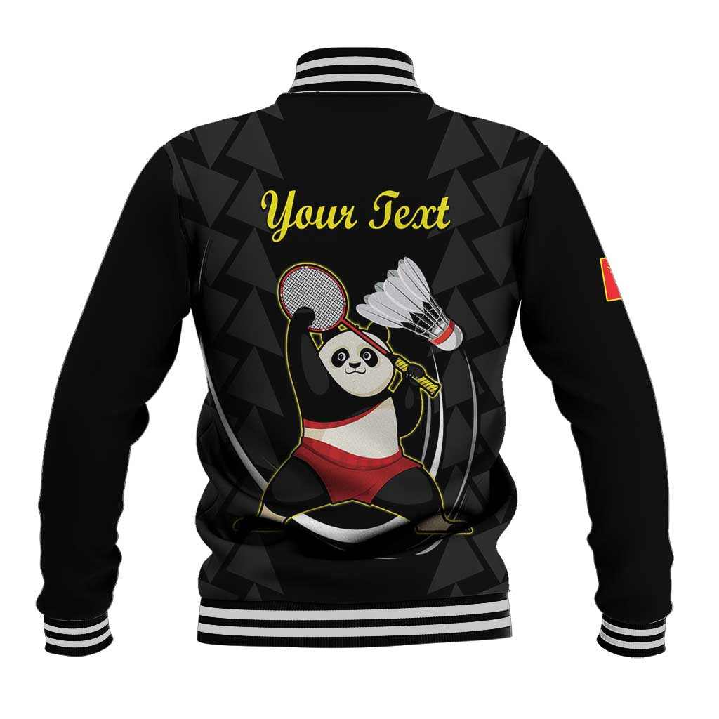 Black varsity bomber jacket with panda badminton graphic and editable text on back