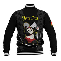 Black varsity bomber jacket with panda badminton graphic and editable text on back