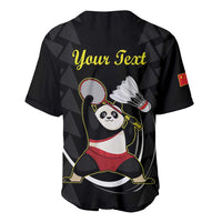 Black badminton jersey with panda racket graphic, V-neck buttons, Your Text on back