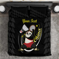 Black panda badminton bedding set close-up: duvet “Your Text” with panda and stars.