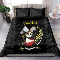 Black panda badminton bedding set with “Your Text” and matching pillows, duvet centered.
