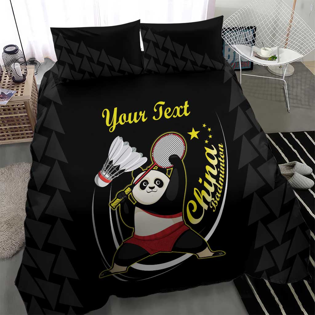 Black panda badminton bedding set showing duvet “Your Text” print and two pillow designs.