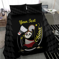 Black panda badminton bedding set showing duvet “Your Text” print and two pillow designs.