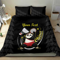 Black panda badminton bedding set with “Your Text” on duvet and two matching pillows.