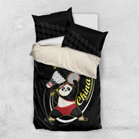 Black panda badminton bedding set with duvet print and pillows on white bedding background.