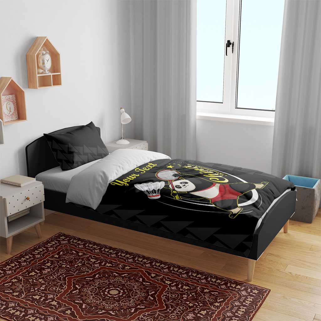 Black panda badminton bedding set on bed with “Your Text” duvet and coordinating pillows.