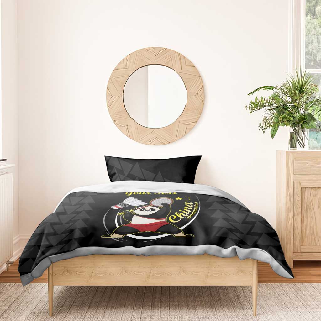 Black panda badminton bedding set with panda racket graphic and “Your Text” on duvet.