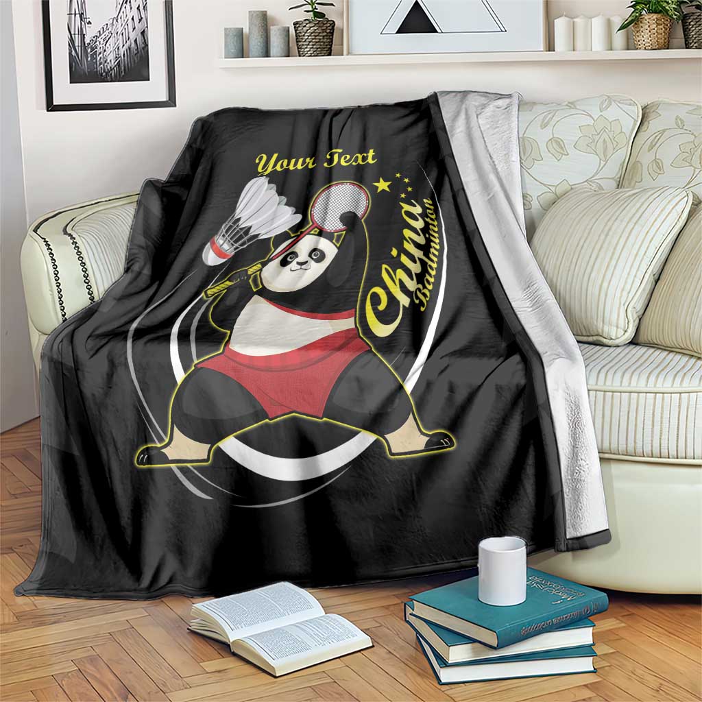 Black badminton blanket with cute panda tennis graphic and gold text "Your Text"