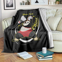 Black badminton blanket with cute panda tennis graphic and gold text "Your Text"