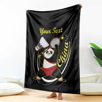 Black badminton blanket with panda racket graphic and gold "Your Text" print