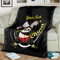 Black badminton blanket over couch with panda racket design and "Your Text" lettering