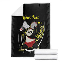 Black badminton blanket with folded stack; panda tennis graphic and "Your Text"
