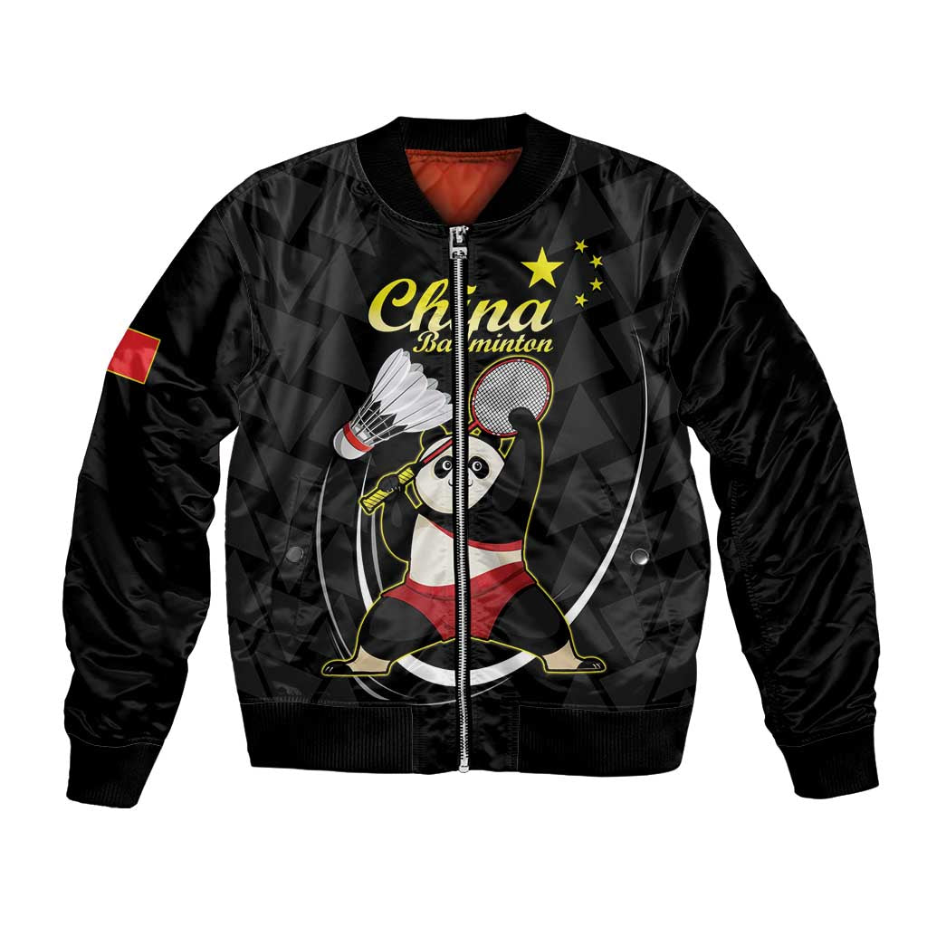 Black satin bomber jacket with panda playing badminton, full front zip and China graphic