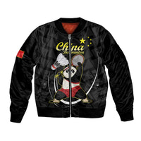 Black satin bomber jacket with panda playing badminton, full front zip and China graphic
