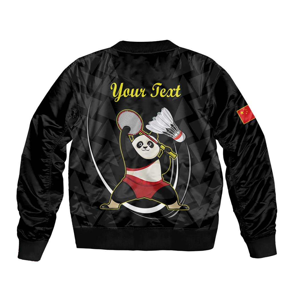 Black satin bomber jacket with panda badminton on back, 'Your Text' customization