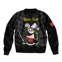 Black satin bomber jacket with panda badminton on back, 'Your Text' customization