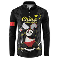 Black long-sleeve polo sweatshirt with button placket and China Badminton panda graphic