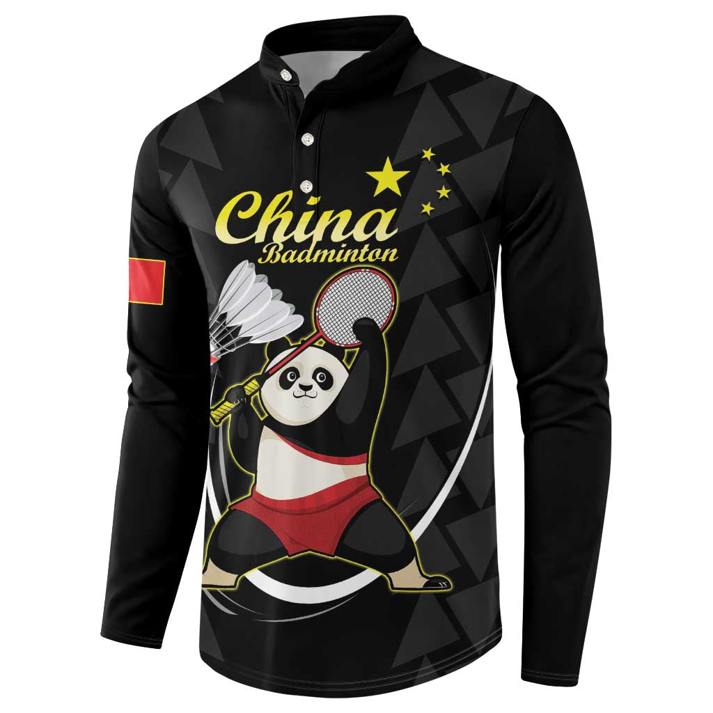 Black long-sleeve polo sweatshirt with panda holding a badminton racket and shuttlecock graphic