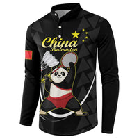 Black long-sleeve polo sweatshirt with panda holding a badminton racket and shuttlecock graphic