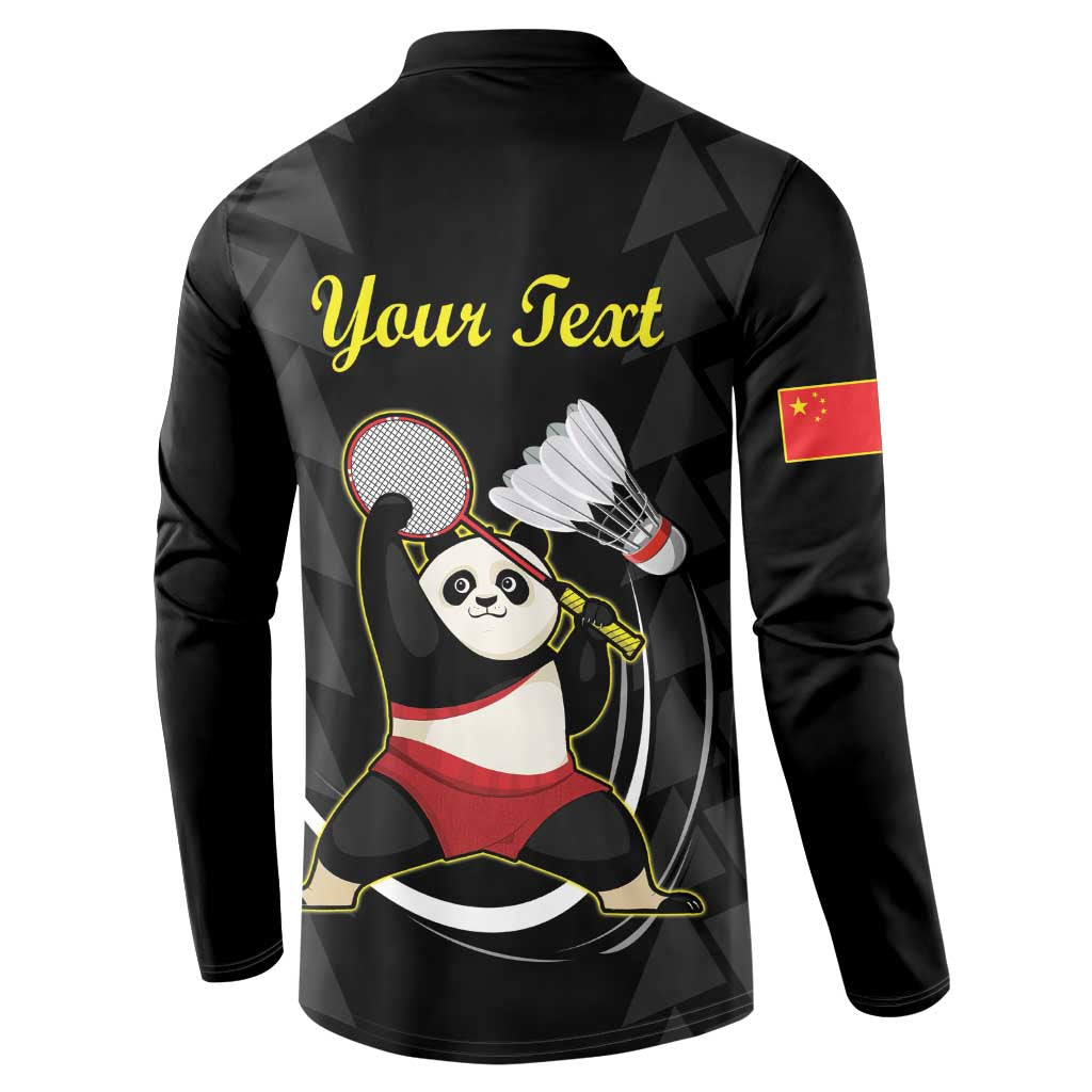 Black back of polo sweatshirt with 'Your Text' and panda badminton action graphic