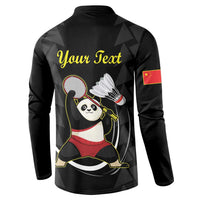 Black back of polo sweatshirt with 'Your Text' and panda badminton action graphic