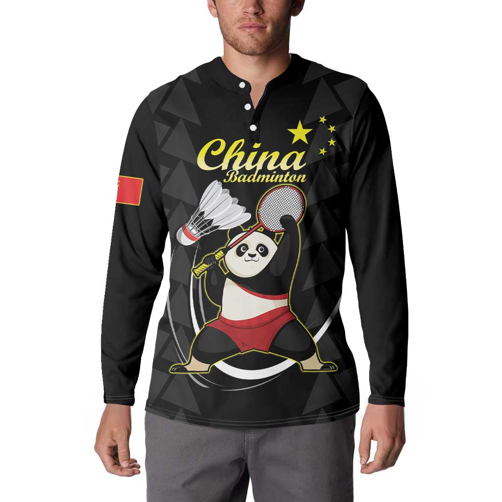 Black long-sleeve polo sweatshirt featuring China Badminton panda with stars and badminton racket