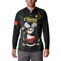 Black long-sleeve polo sweatshirt featuring China Badminton panda with stars and badminton racket