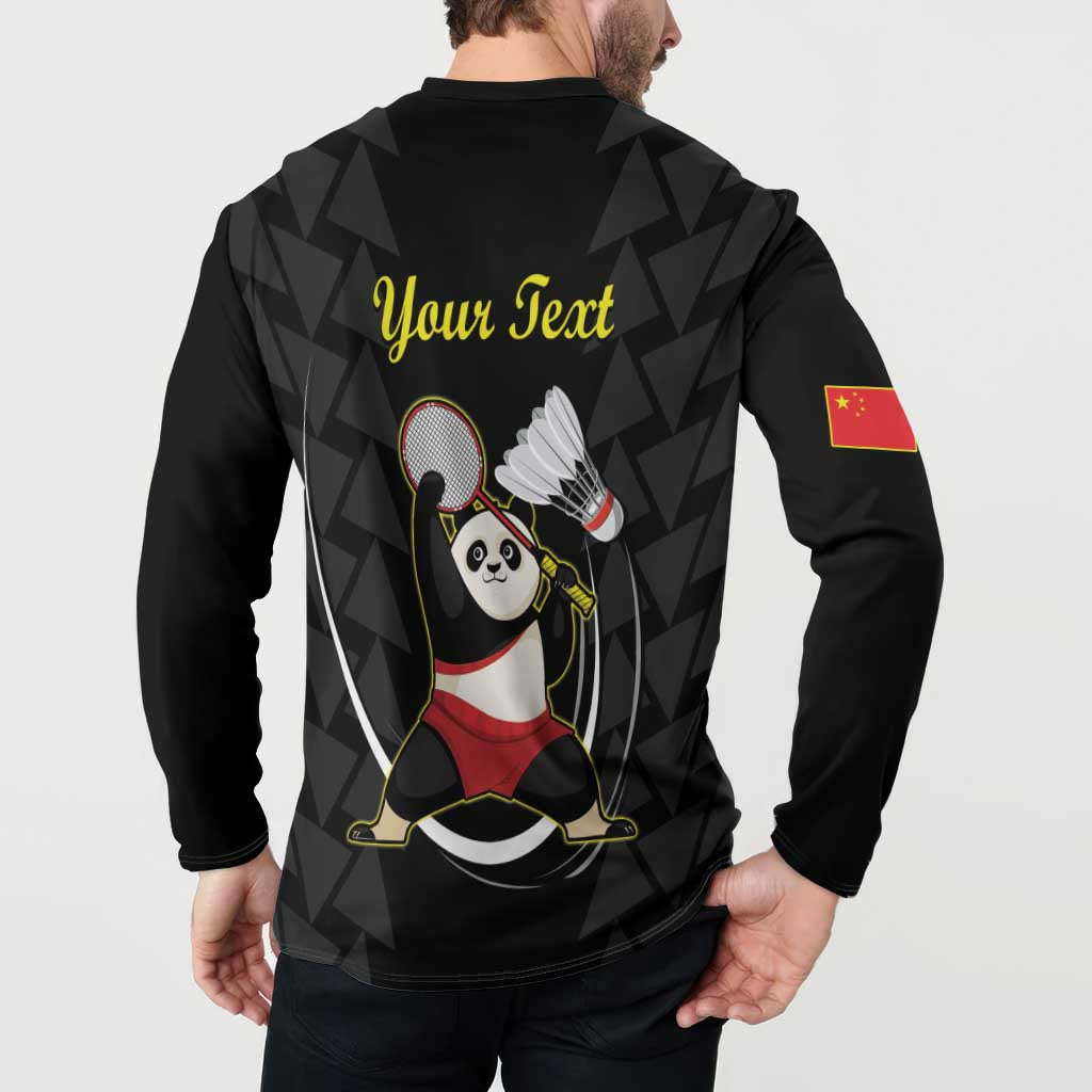 Black polo sweatshirt back with 'Your Text', panda badminton graphic, and red flag detail
