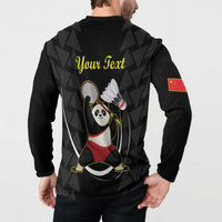 Black polo sweatshirt back with 'Your Text', panda badminton graphic, and red flag detail