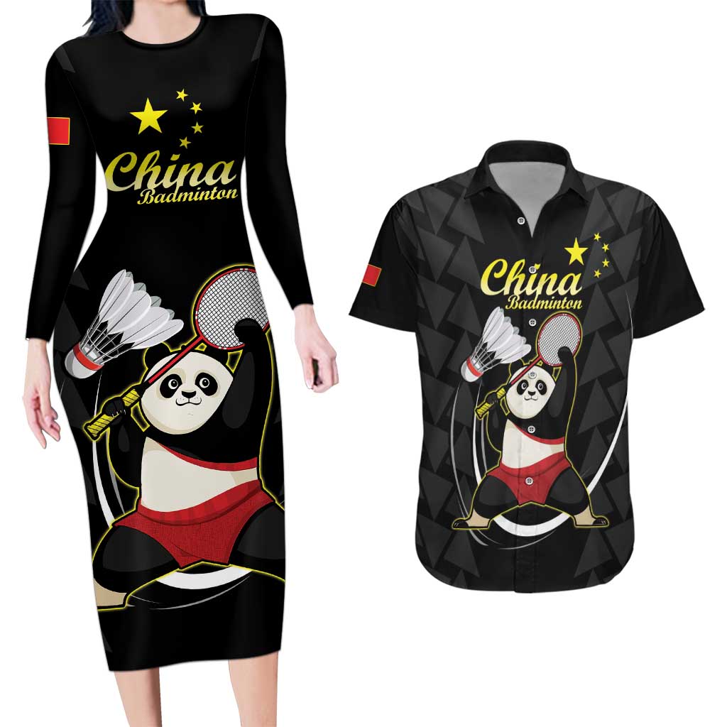 Personalised China Badminton Couples Matching Long Sleeve Bodycon Dress and Hawaiian Shirt 2024 Chinese Cute Panda Black Version - Wonder Print Shop