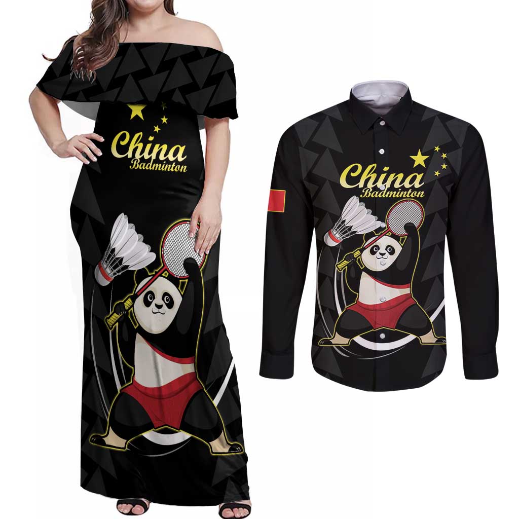 Personalised China Badminton Couples Matching Off Shoulder Maxi Dress and Long Sleeve Button Shirt 2024 Chinese Cute Panda Black Version - Wonder Print Shop