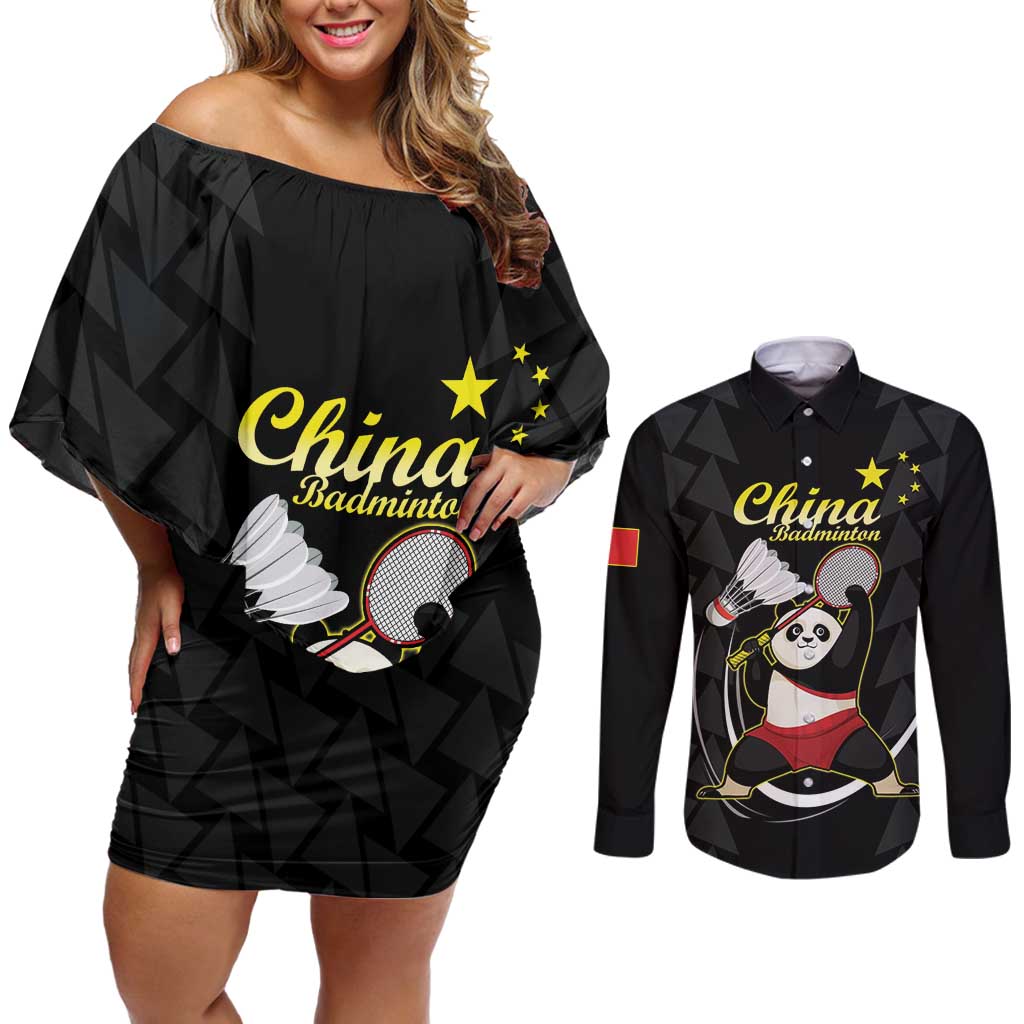 Personalised China Badminton Couples Matching Off Shoulder Short Dress and Long Sleeve Button Shirt 2024 Chinese Cute Panda Black Version - Wonder Print Shop