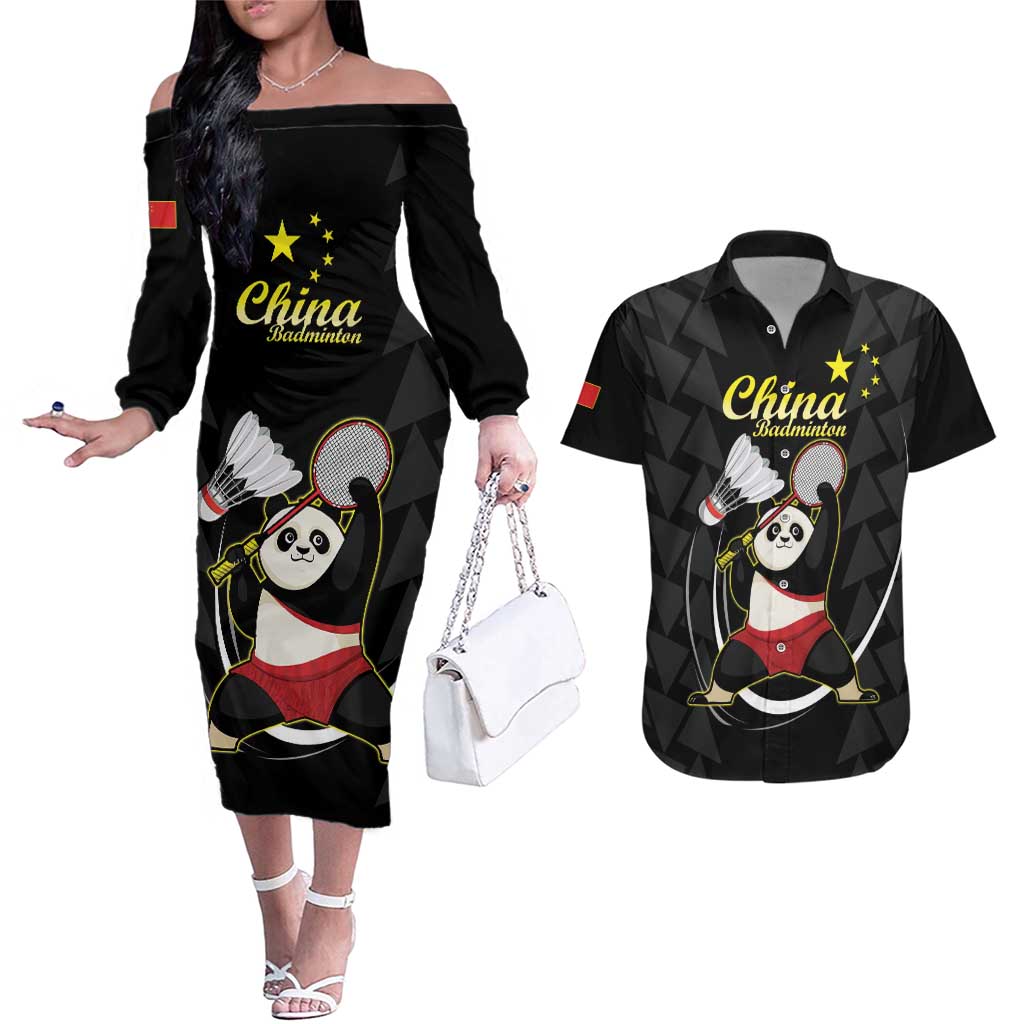 Personalised China Badminton Couples Matching Off The Shoulder Long Sleeve Dress and Hawaiian Shirt 2024 Chinese Cute Panda Black Version - Wonder Print Shop