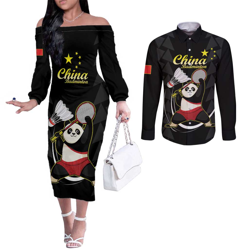 Personalised China Badminton Couples Matching Off The Shoulder Long Sleeve Dress and Long Sleeve Button Shirt 2024 Chinese Cute Panda Black Version